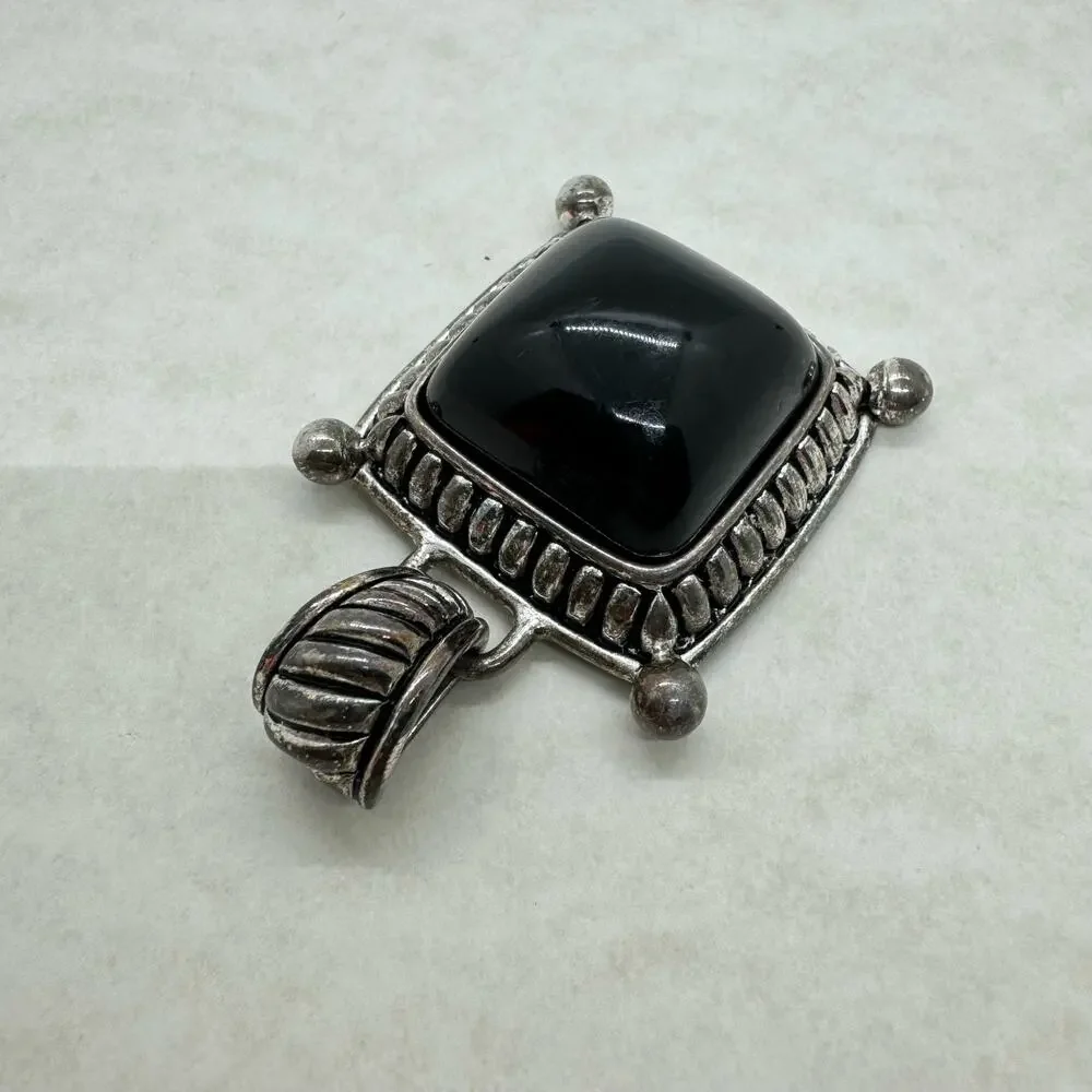Vintage Premier Designs Silver Tone Black Stone Pendant Chain Necklace Stamped